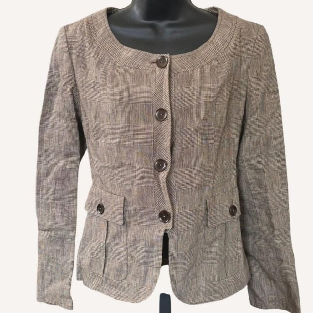 Vintage 90s MaxMara 100% Linen Blazer Sz 2 Made in Italy Brown Check Old Money